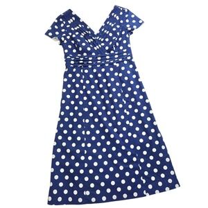 Boden Polka Dot Cotton Midi‎ Dress Womens Size 6L Tall Navy Blue Lined Side Zip